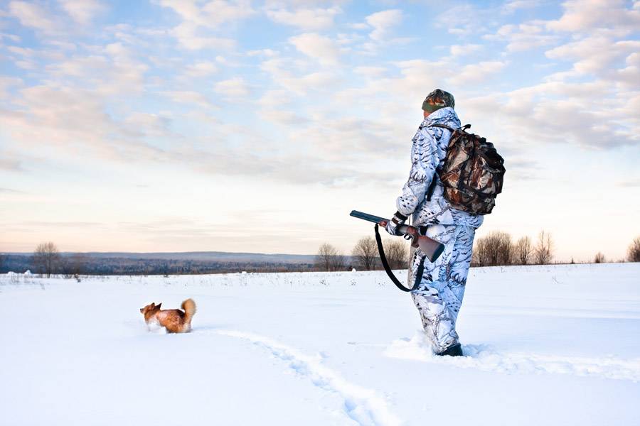 hunter with a dog on a frosty day