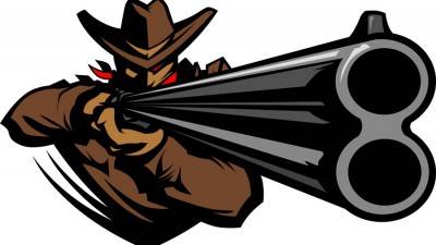 Cowboy Mascot Aiming Shotgun Vector Illustration